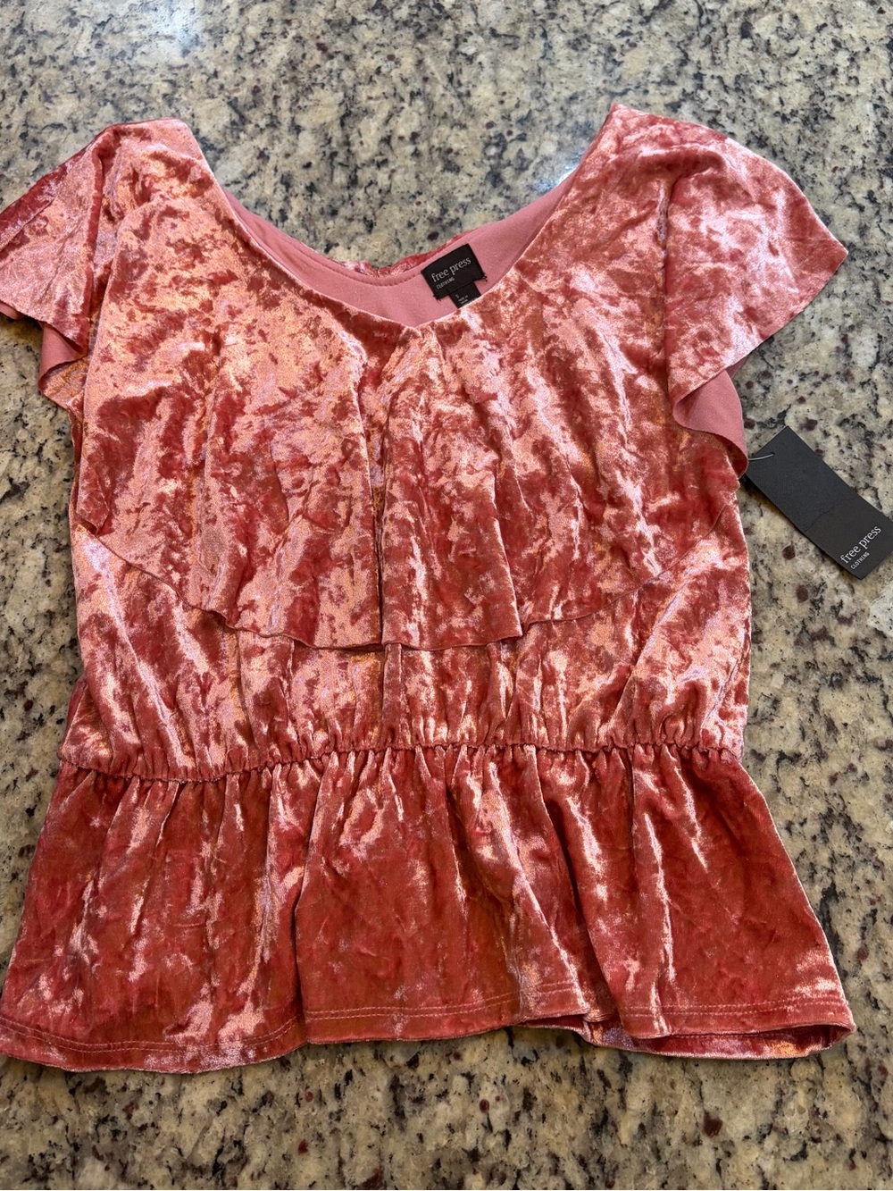 free press rose pink crushed velvet ruffle peplum blouse